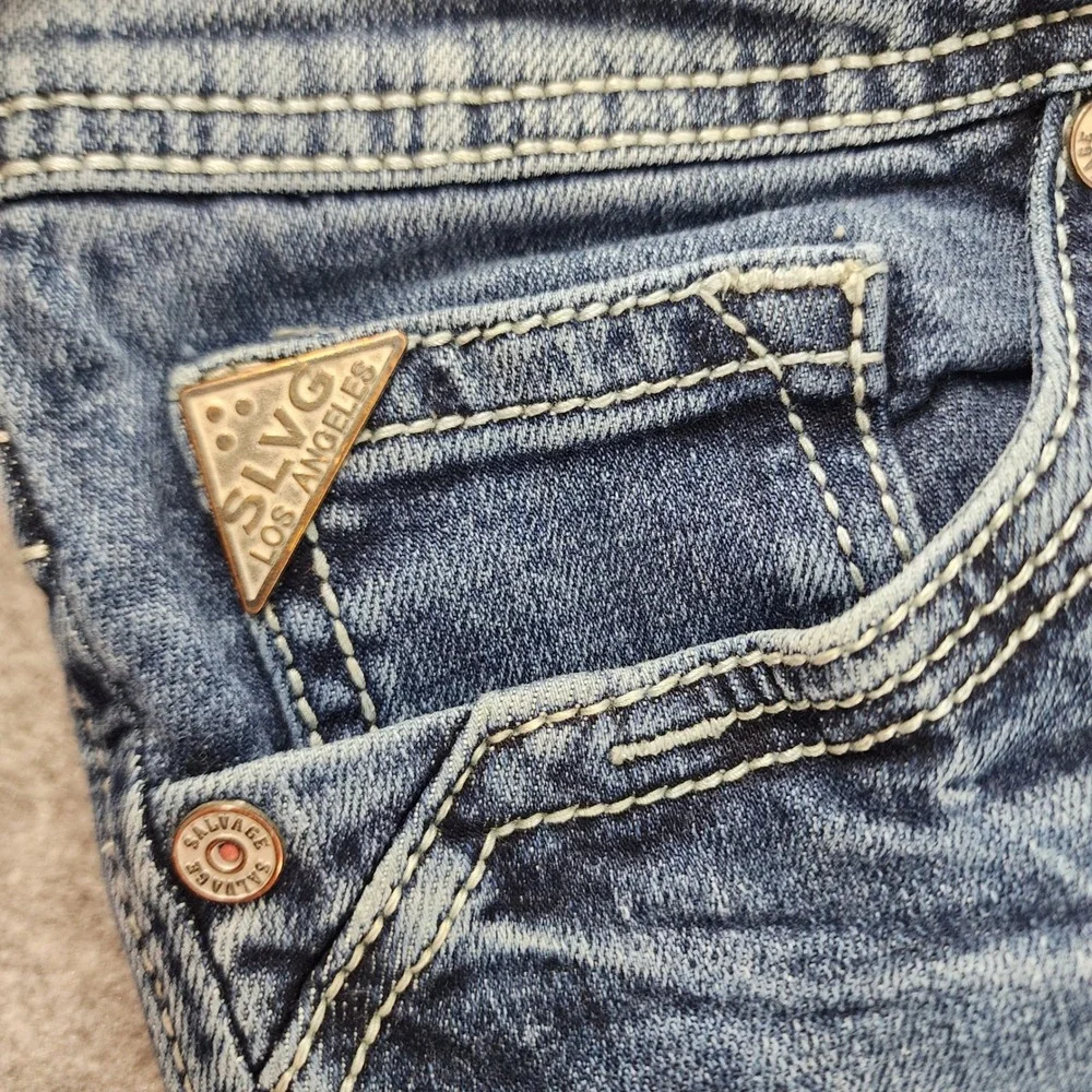 Salvage Mayhem Skinny Blue Distressed Buckle Whiskered Jeans Mens 30x30